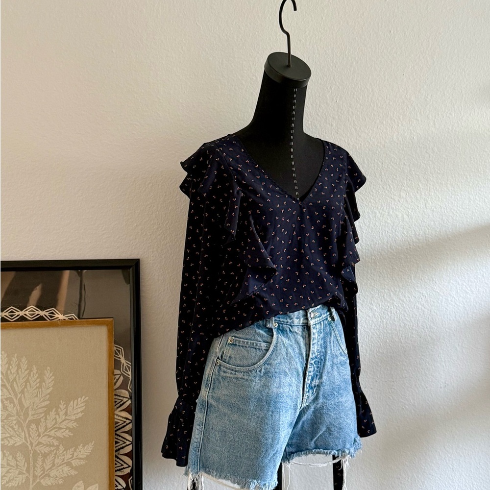 J.O.A. Navy V-Neck Ruffle Sleeve Blouse with Tiny Dot Print